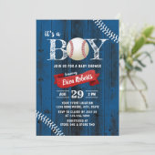 Rustic Baseball Sports Navy Wood Boy Baby Shower Invitation (Standing Front)
