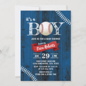 Rustic Baseball Sports Navy Wood Boy Baby Shower Invitation (Front)