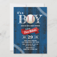 Rustic Baseball Sports Navy Wood Boy Baby Shower Invitation