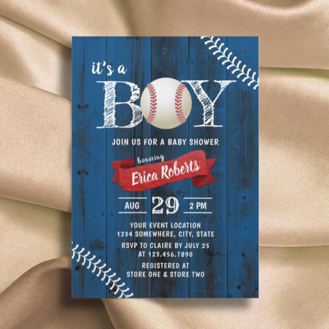 Rustic Baseball Sports Navy Wood Boy Baby Shower Invitation