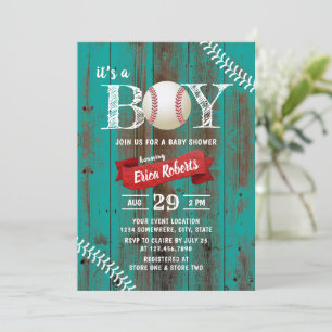 Rustic Baseball Sports Teal Wood Boy Baby Shower Invitation