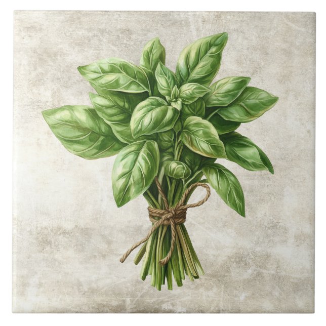 Rustic Basil Herb Faux Ceramic Tile (Front)