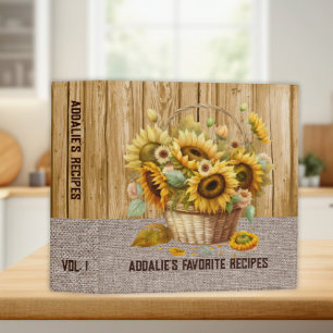 Rustic Basket Sunflowers Burlap Wood Recipe 3 Ring Binder