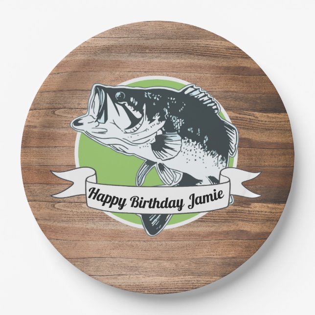 Rustic Bass Fishing Happy Birthday Men's Sports Paper Plates (Front)
