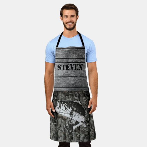 Rustic Bass Fishing Name Wood Sports Outdoors Apron