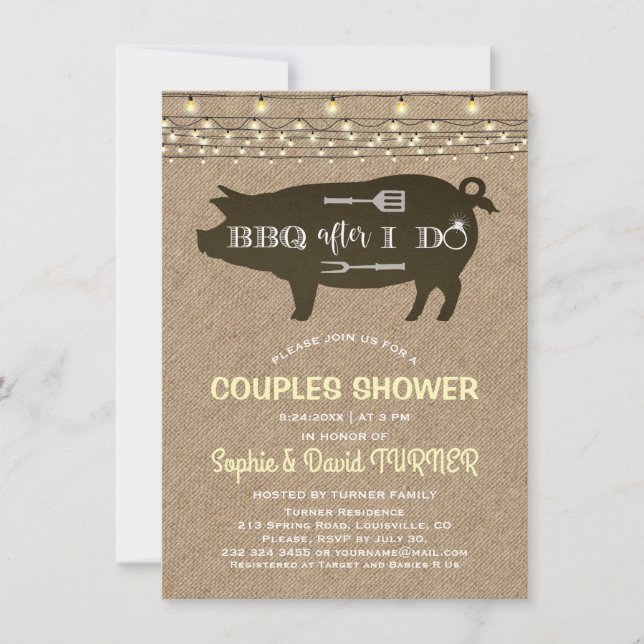 Rustic BBQ after I DO'S Burlap String Lights Invitation (Front)