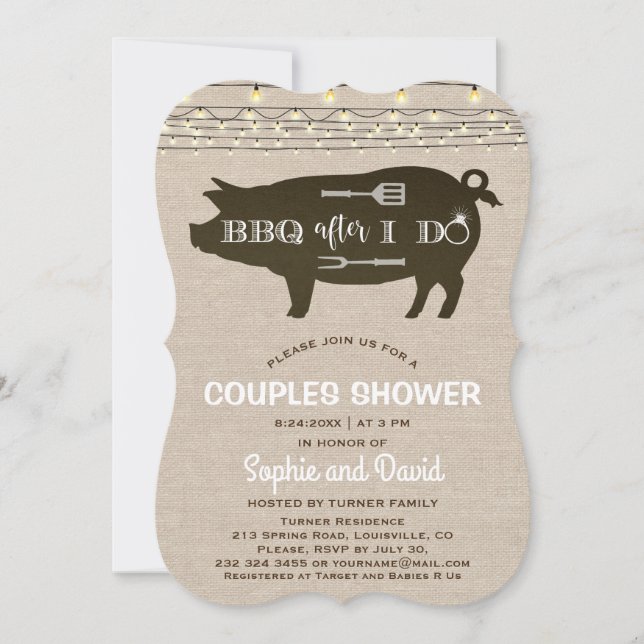 Rustic BBQ after I DO'S Linen String Lights Invitation (Front)