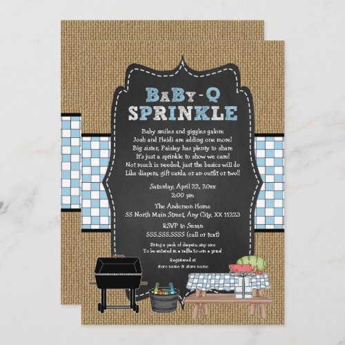 Rustic BBQ boy baby sprinkle Invitation
