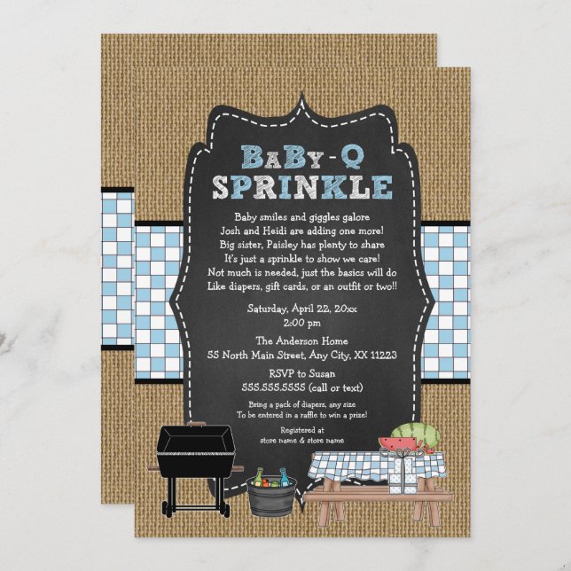 Rustic BBQ boy baby sprinkle Invitation (Front/Back)