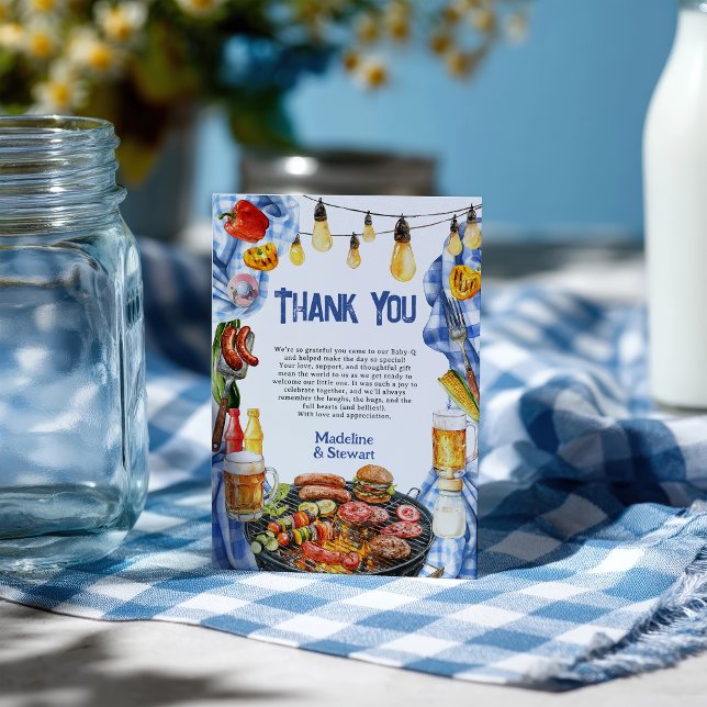 Rustic BBQ Summer Blue Plaid Baby-Q Shower Thank You Card (Rustic BBQ Summer Blue Plaid Baby-Q Shower Thank You Card)