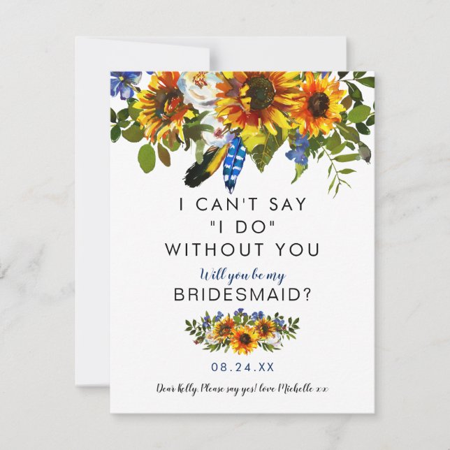Rustic be my Bridesmaid | Navy Sunflower Boho Invitation (Front)