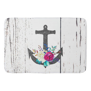 Rustic Beach Anchor & Bold Floral Summer Nautical Bath Mat