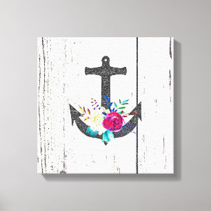 Rustic Beach Anchor & Bold Floral Summer Nautical Canvas Print