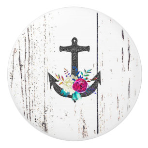 Rustic Beach Anchor & Bold Floral Summer Nautical Ceramic Knob