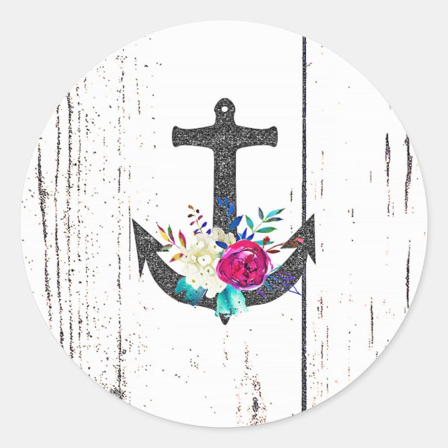 Rustic Beach Anchor & Bold Floral Summer Nautical Classic Round Sticker (Front)