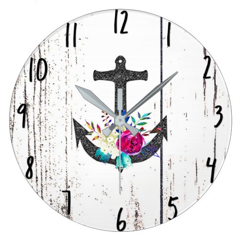 Rustic Beach Anchor & Bold Floral Summer Nautical Large Clock