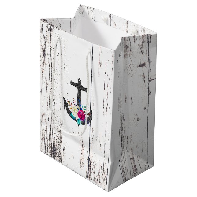 Rustic Beach Anchor & Bold Floral Summer Nautical Medium Gift Bag (Front Angled)