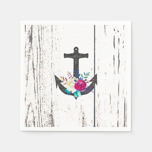 Rustic Beach Anchor  Bold Floral Summer Nautical Napkins