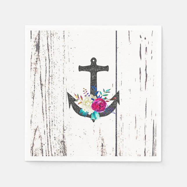 Rustic Beach Anchor & Bold Floral Summer Nautical Napkins (Front)