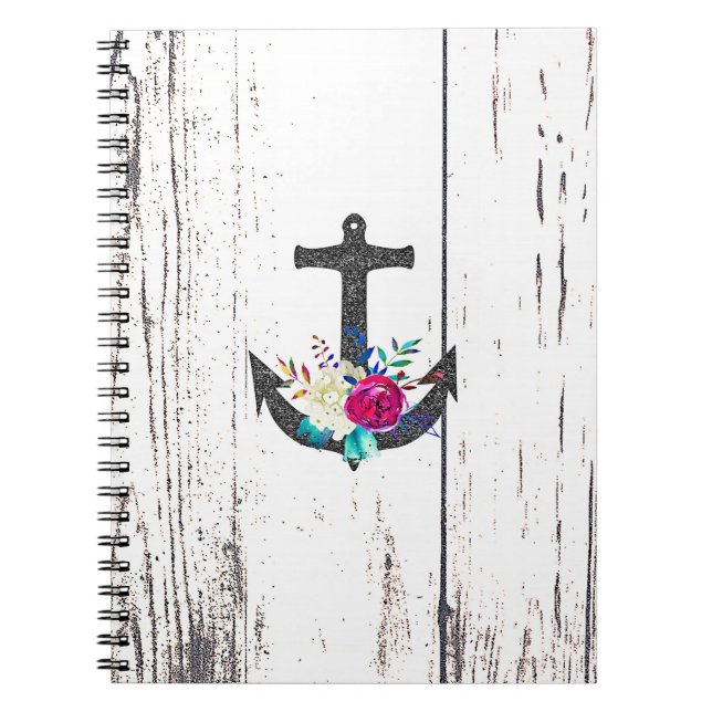 Rustic Beach Anchor & Bold Floral Summer Nautical Notebook (Front)