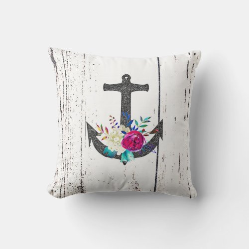 Rustic Beach Anchor  Bold Floral Summer Nautical Throw Pillow