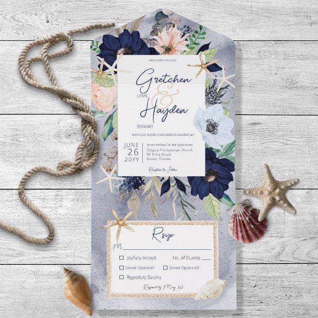 Rustic Beach Blue Nautical Dinner All In One Invitation (Also available with a QR code or without dinner selection options.)