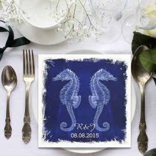 rustic beach coastal blue seahorse wedding napkins