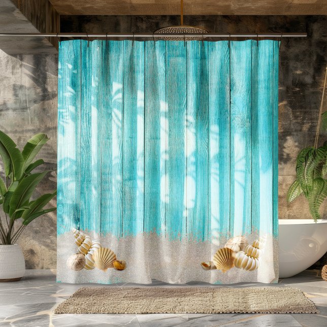 Rustic Beach Coastal Turquoise Blue Boards Shower Curtain (Creator Uploaded)