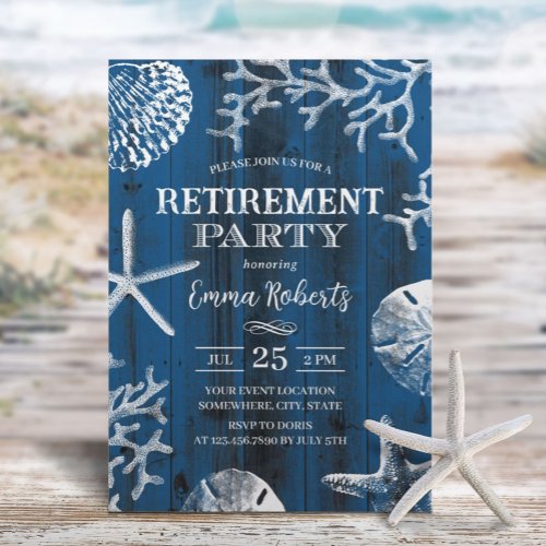 Rustic Beach Coral Reef Starfish Navy Retirement Invitation