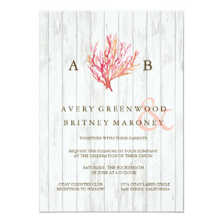 RUSTIC BEACH CORAL WOOD WEDDING INVITATION