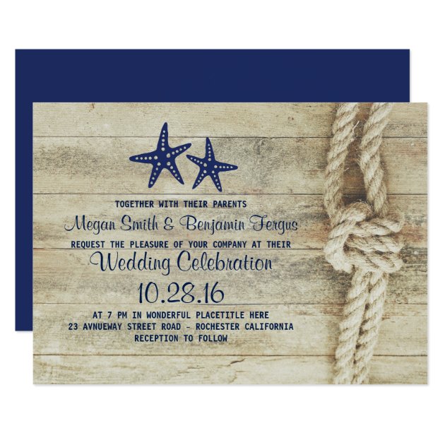 Rustic Beach Driftwood Nautical Rope Navy Wedding Invitation