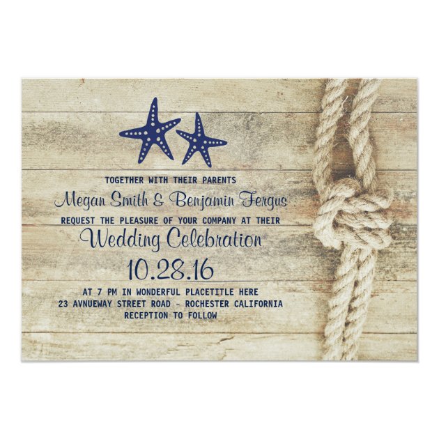 Rustic Beach Driftwood Nautical Rope Navy Wedding Invitation