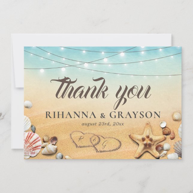 Rustic Beach Heart Shore Wedding Thank You Card (Front)