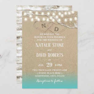 Rustic Beach Heart String Lights Summer Wedding Invitation