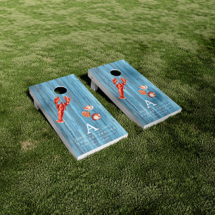 Rustic Beach House Blue Wood Monogram Cornhole Set