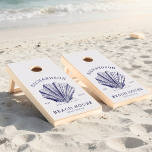 Rustic Beach House Family Name Nautical Blue Cornhole Set