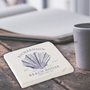 Rustic Beach House Family Name Nautical | Blue Stone Coaster