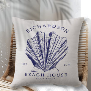 Rustic Beach House Family Name Nautical Blue Throw Pillow