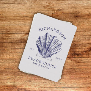 Rustic Beach House Family Name Shell   Navy Blue Poker Cards