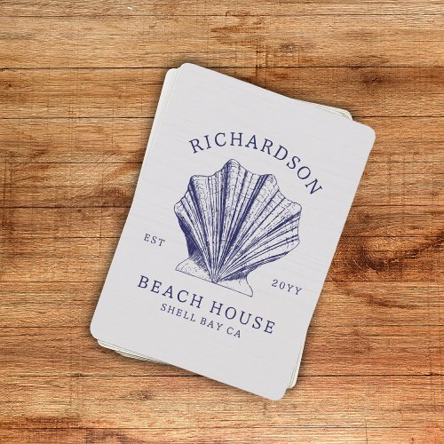 Rustic Beach House Family Name Shell  Navy Blue Poker Cards