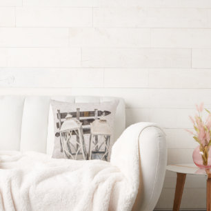 Rustic Beach House Lanterns on Sand  Throw Pillow