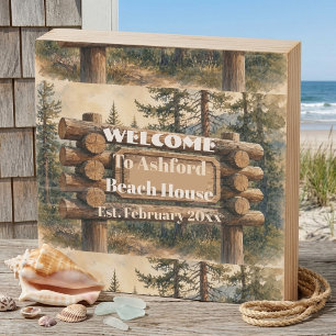 Rustic Beach House Log Wood Board Welcome Sign