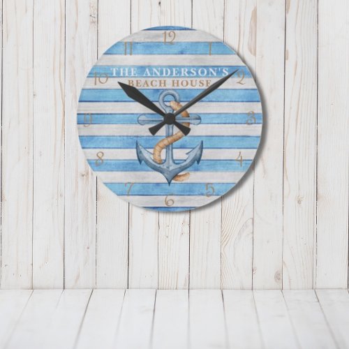 Rustic Beach House Nautical Stripes Personalized Round Clock
