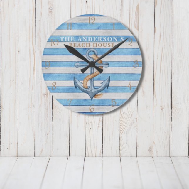 Rustic Beach House Nautical Stripes Personalized Round Clock (Creator Uploaded)