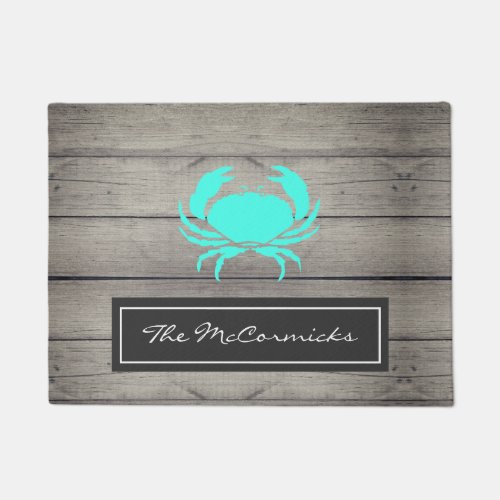 Rustic Beach House Teal Blue Crab Family Monogram Doormat