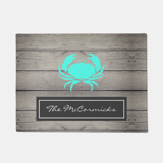 Rustic Beach House Teal Blue Crab Family Monogram Doormat (Front)
