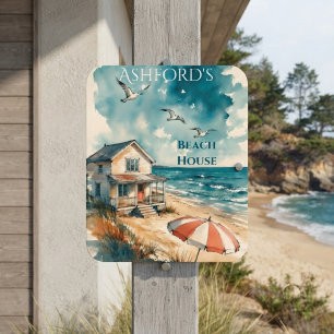 Rustic Beach House Watercolor Sand Seagull Welcome Metal Sign