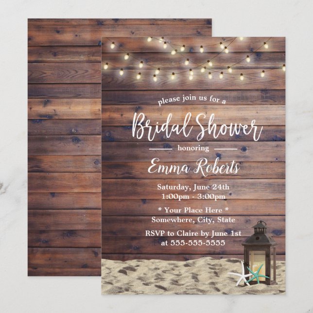 Rustic Beach Lantern & Starfish Bridal Shower Invitation (Front/Back)