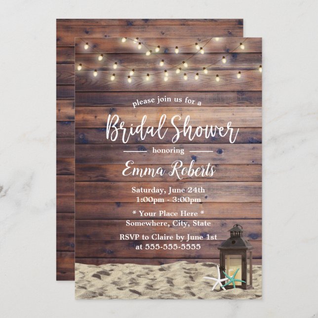 Rustic Beach Lantern & Starfish Bridal Shower Invitation (Front/Back)