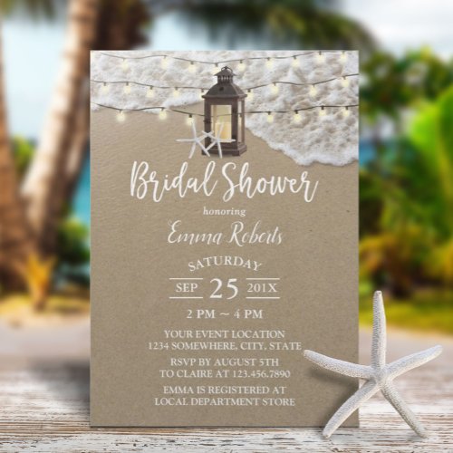 Rustic Beach Lantern String Lights Bridal Shower Invitation